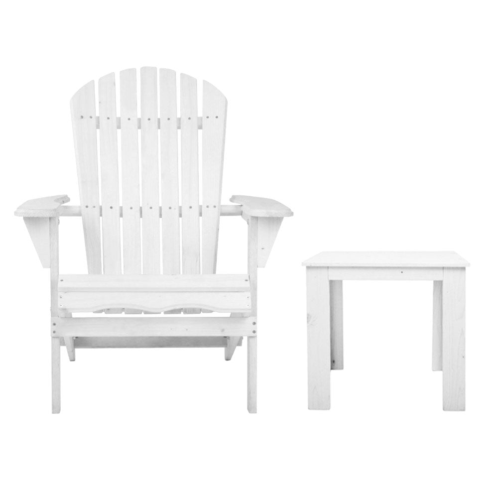 Adirondack Foldable Beach Chair 3 Piece Sun Lounge with Table Set - White Homecoze