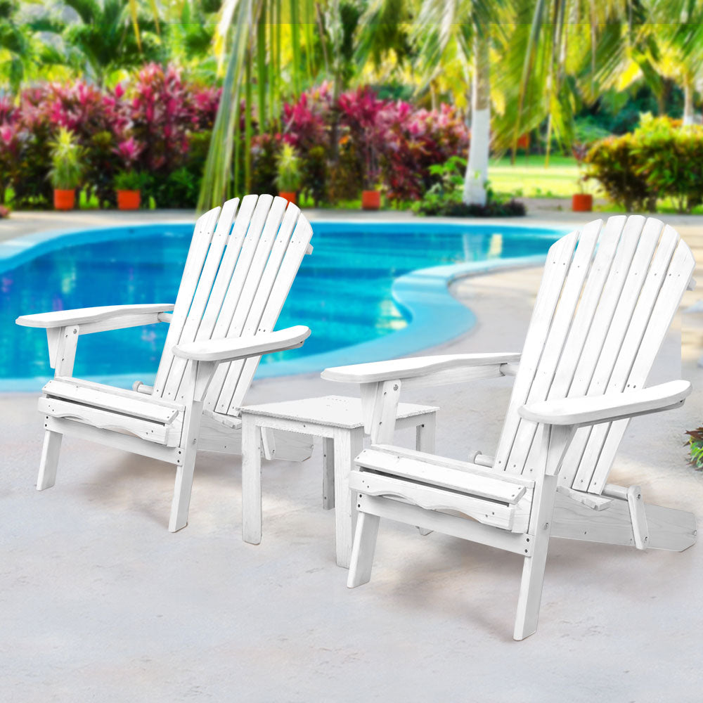 Adirondack Foldable Beach Chair 3 Piece Sun Lounge with Table Set - White Homecoze
