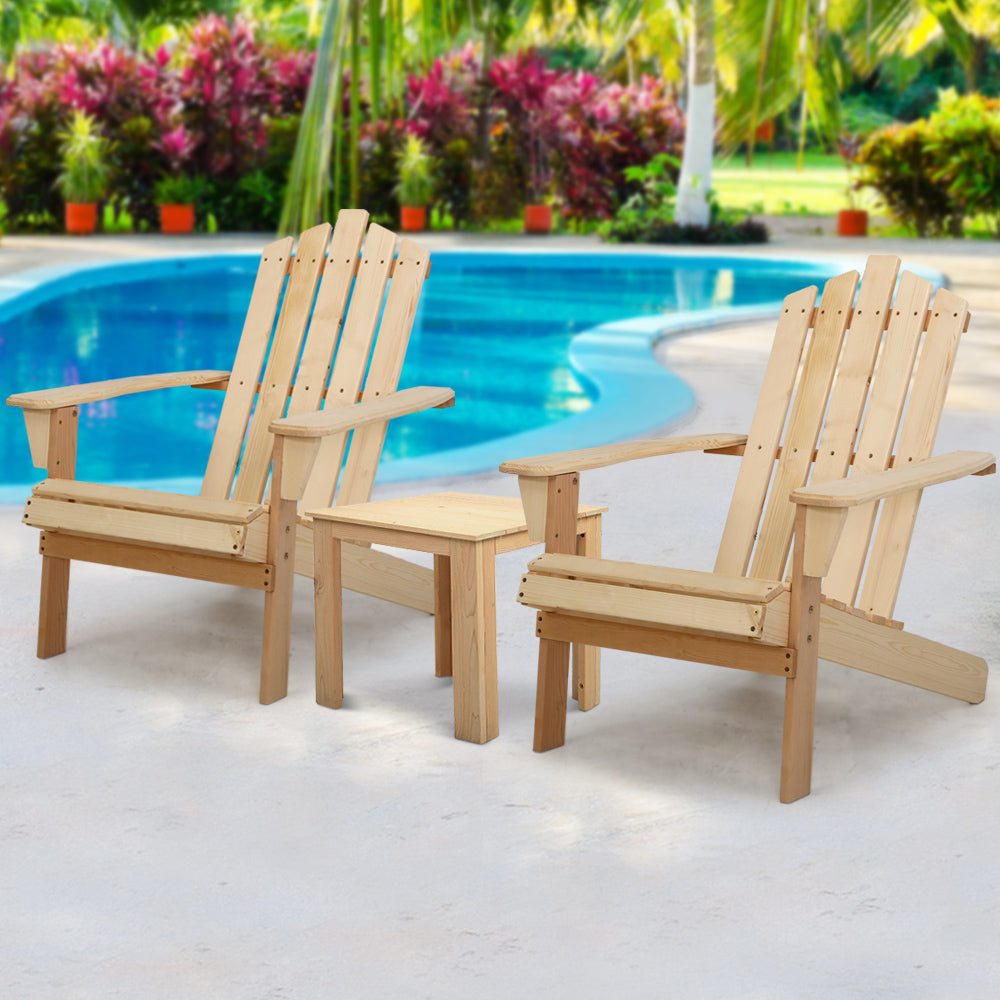 3PC Adirondack Wooden Outdoor Armchair Set - Natural - Homecoze