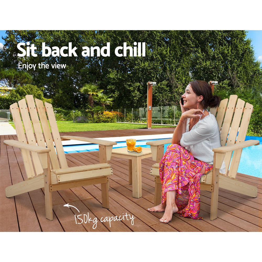 3PC Adirondack Wooden Outdoor Armchair Set - Natural - Homecoze