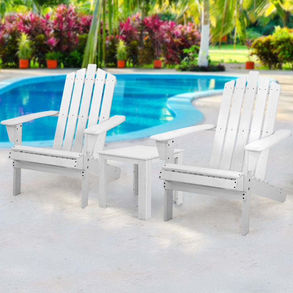 Adirondack Beach Chair 3 Piece Sun Lounge & Table Set - White Homecoze