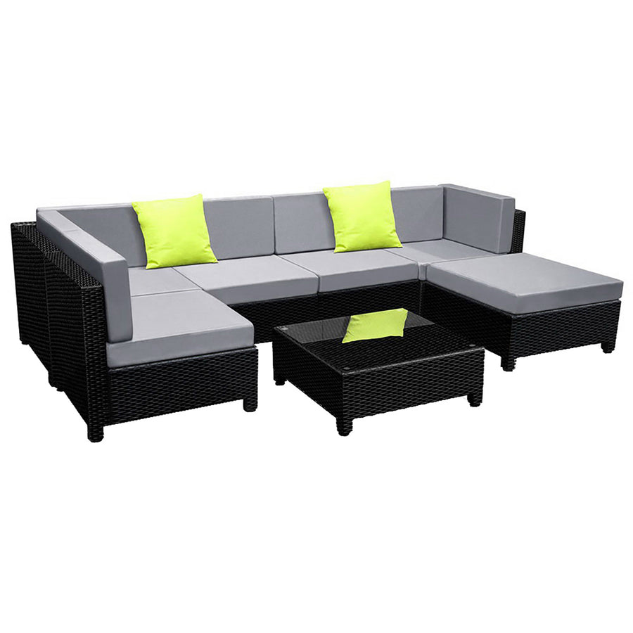 7 Piece Outdoor Wicker Sofa Table & Chair Set - Black & Grey Homecoze
