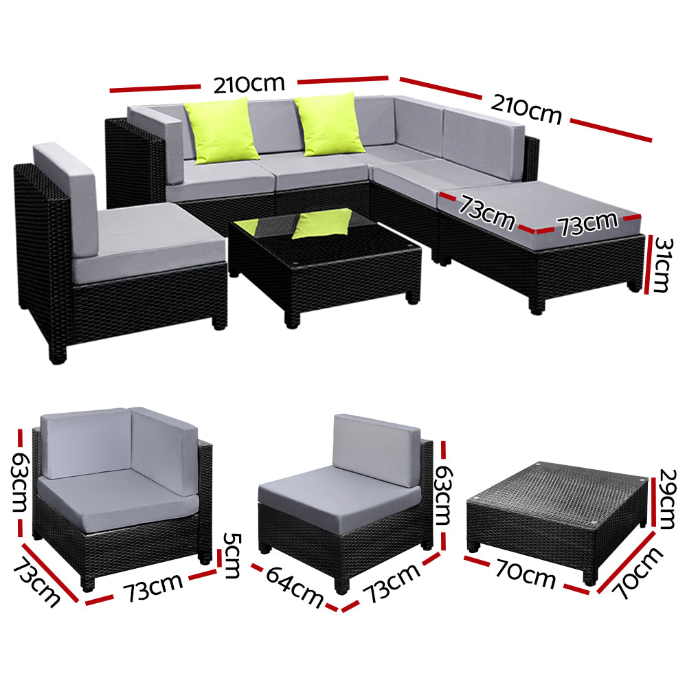 6-Seater Modular Outdoor Wicker Sofa Set - Black & Grey - Homecoze