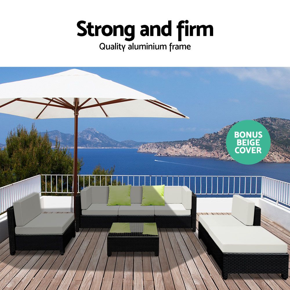 6-Seater Modular Outdoor Wicker Sofa Set - Black & Grey - Homecoze