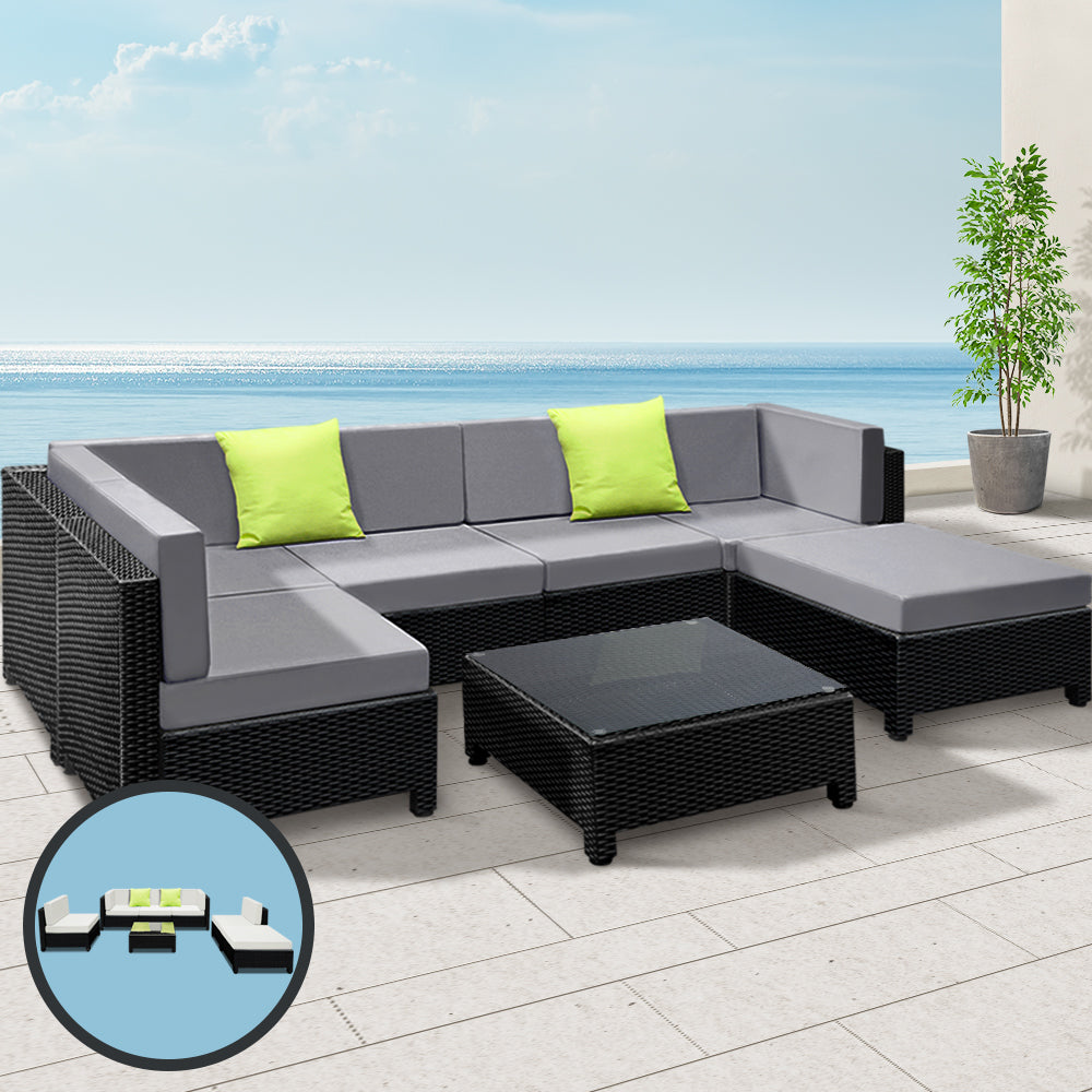 7 Piece Outdoor Wicker Sofa Table & Chair Set - Black & Grey Homecoze