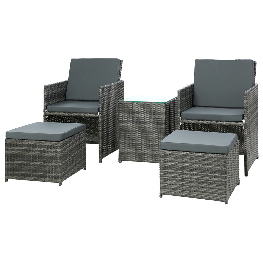 5PC Wicker Outdoor Bistro Patio Table and Chair Set with Ottomans - Grey Homecoze