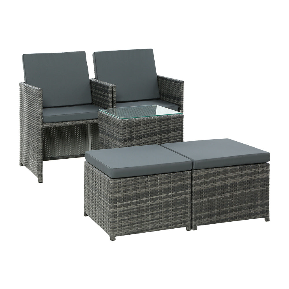 5PC Wicker Outdoor Bistro Patio Table and Chair Set with Ottomans - Grey Homecoze