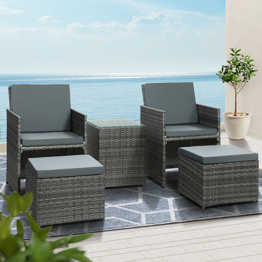 5PC Wicker Outdoor Bistro Patio Table and Chair Set with Ottomans - Grey Homecoze