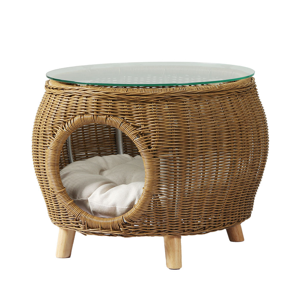 Wicker Indoor Outdoor Glass Top Side Table Cats Pet Bed - Natural Homecoze