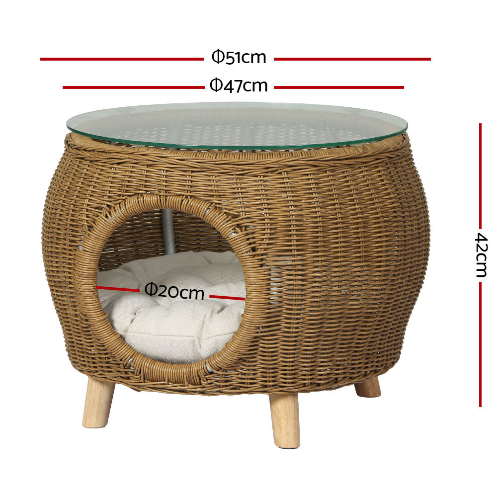Wicker Indoor Outdoor Glass Top Side Table Cats Pet Bed - Natural Homecoze