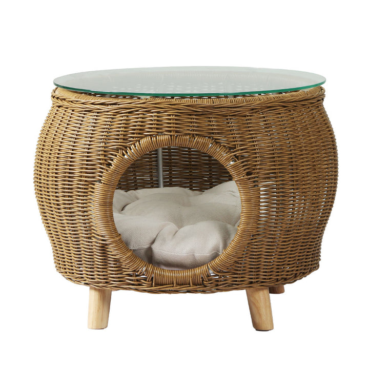 Wicker Indoor Outdoor Glass Top Side Table Cats Pet Bed - Natural Homecoze
