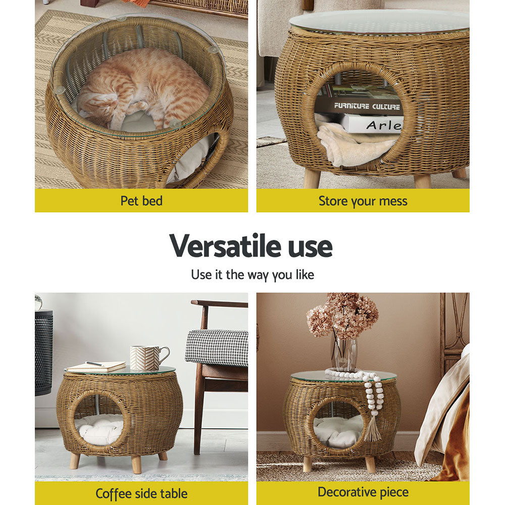 Wicker Indoor Outdoor Glass Top Side Table Cats Pet Bed - Natural Homecoze