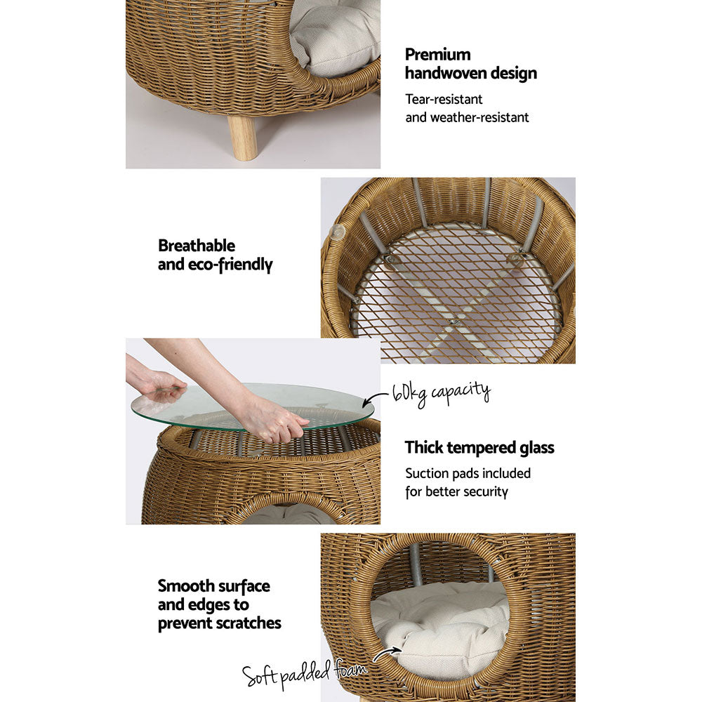 Wicker Indoor Outdoor Glass Top Side Table Cats Pet Bed - Natural Homecoze