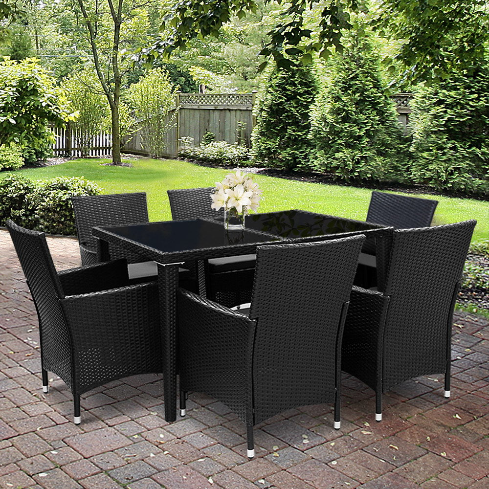 6-Seat Rattan Outdoor Dining Set with Cover - Black - Homecoze