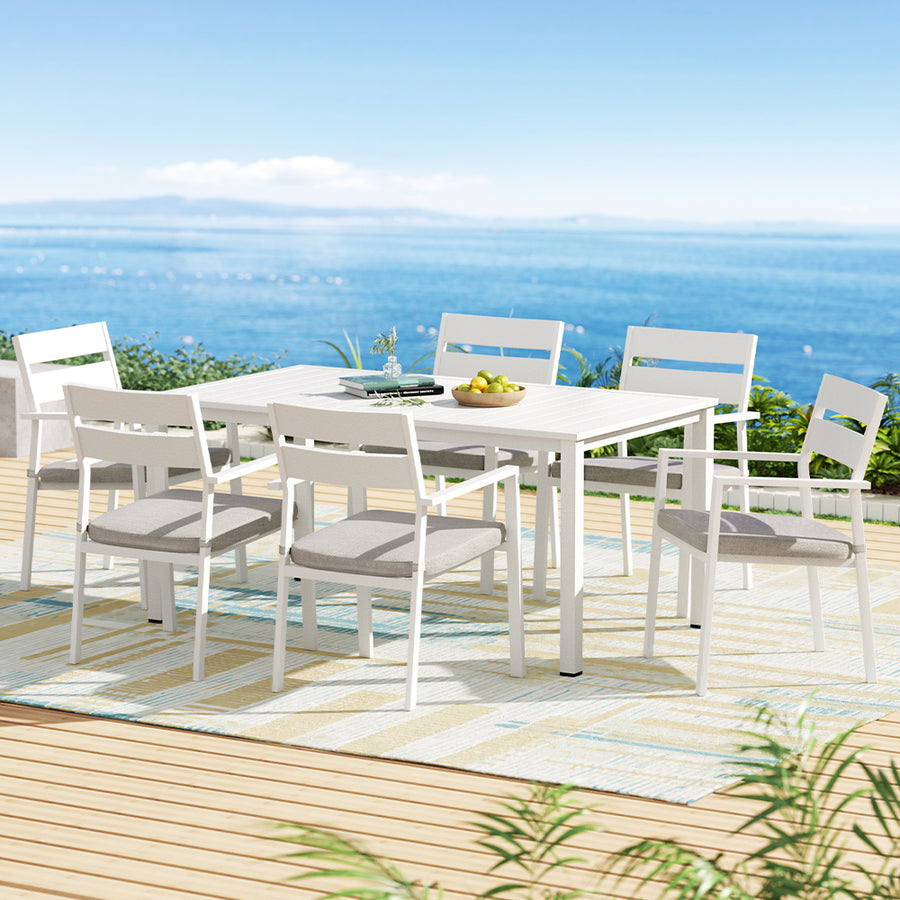 7 Piece Outdoor Dining Set Aluminum 6-Seater Table & Chairs - White Homecoze