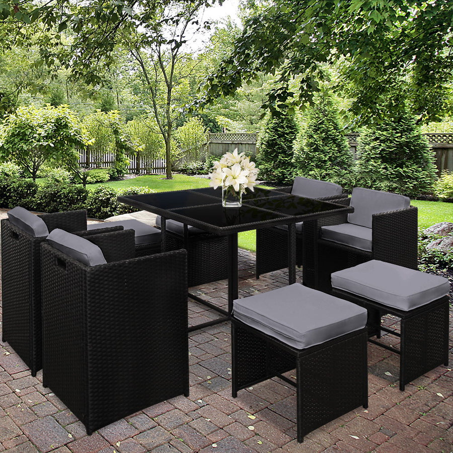 9 Piece Wicker Outdoor Dining Set - Black & Grey Homecoze