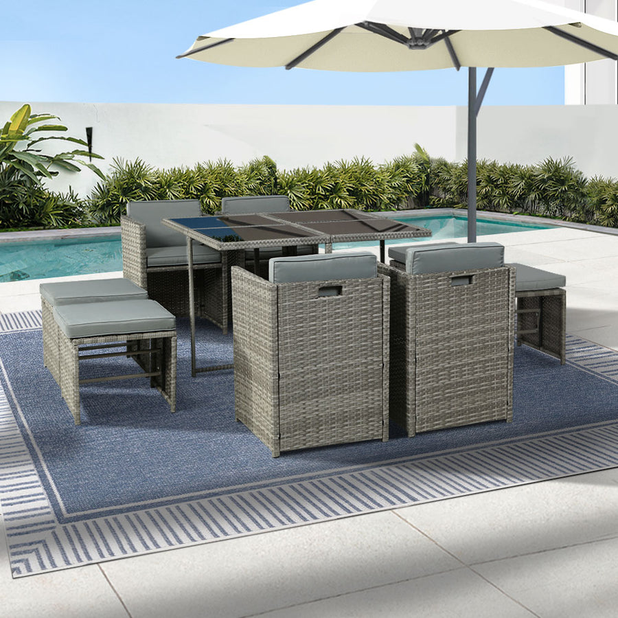 9PC Wicker Outdoor Dining Table & Chair Patio Lounge Setting - Grey Homecoze