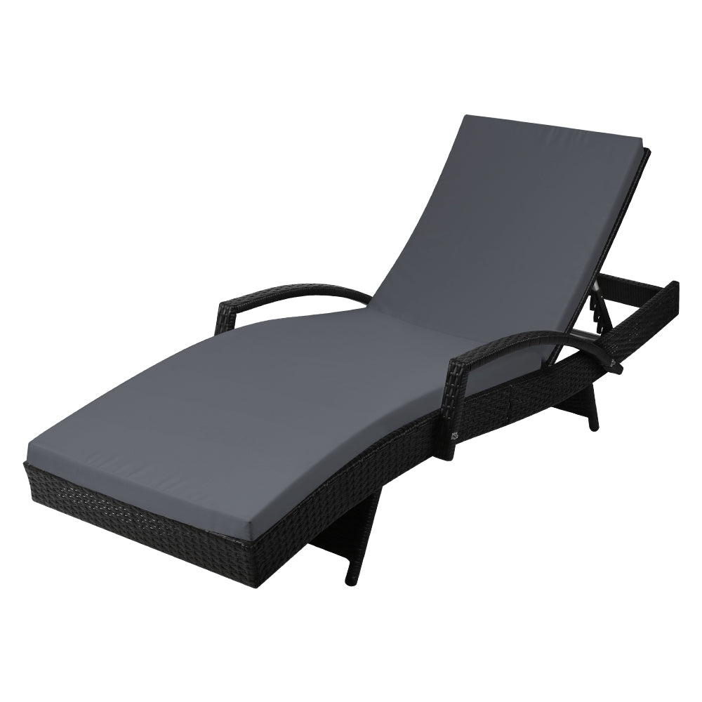 Cushioned Wicker Sun Lounge with Armrests - Black & Grey - Homecoze