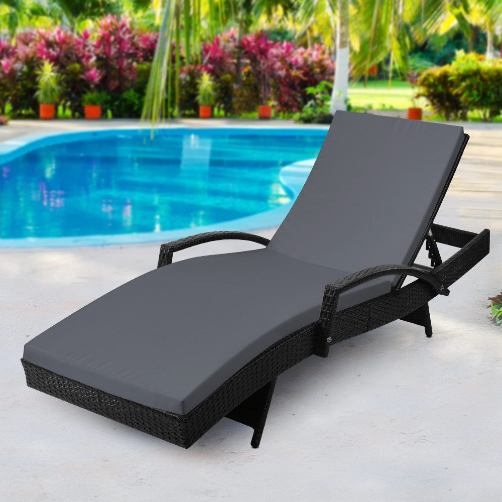 Wicker Sun Lounge with Armrests - Black with Grey Cushion Homecoze