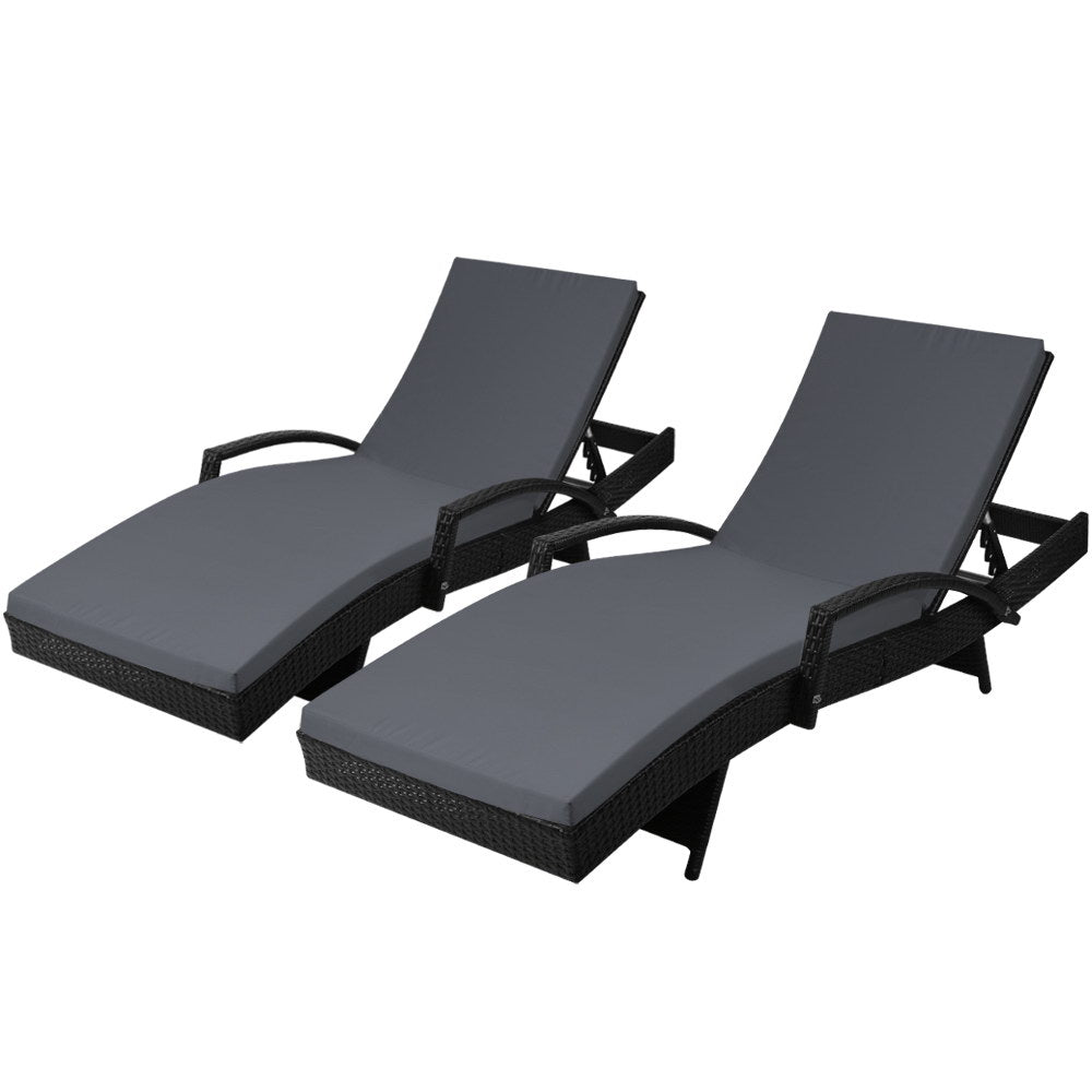 Set of 2 Cushioned Wicker Sun Lounges with Armrests - Black & Grey - Homecoze