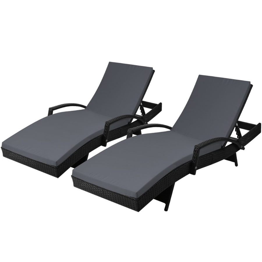 Set of 2 Wicker Sun Lounge with Armrests - Black with Grey Cushion Homecoze