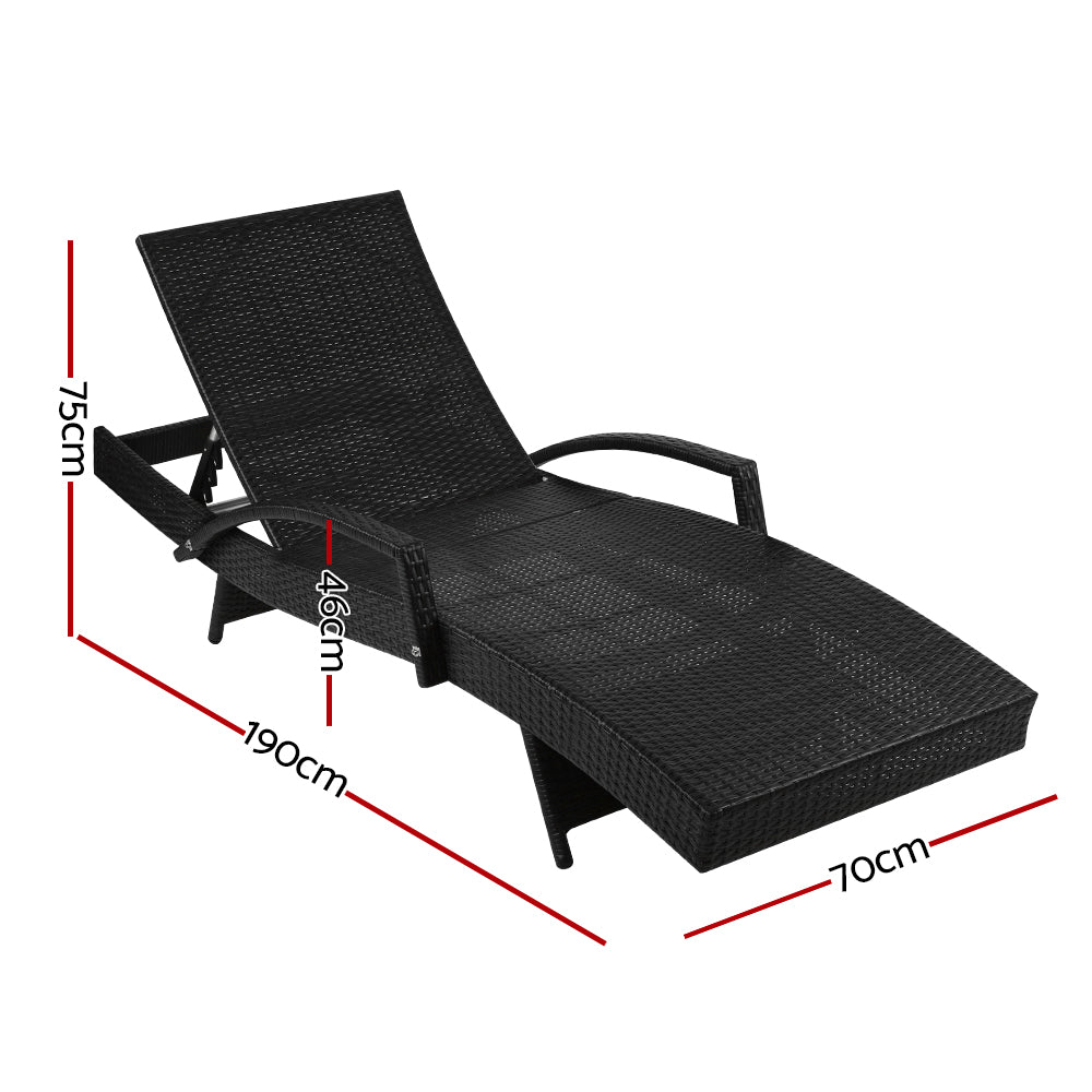 Set of 2 Cushioned Wicker Sun Lounges with Armrests - Black & Grey - Homecoze