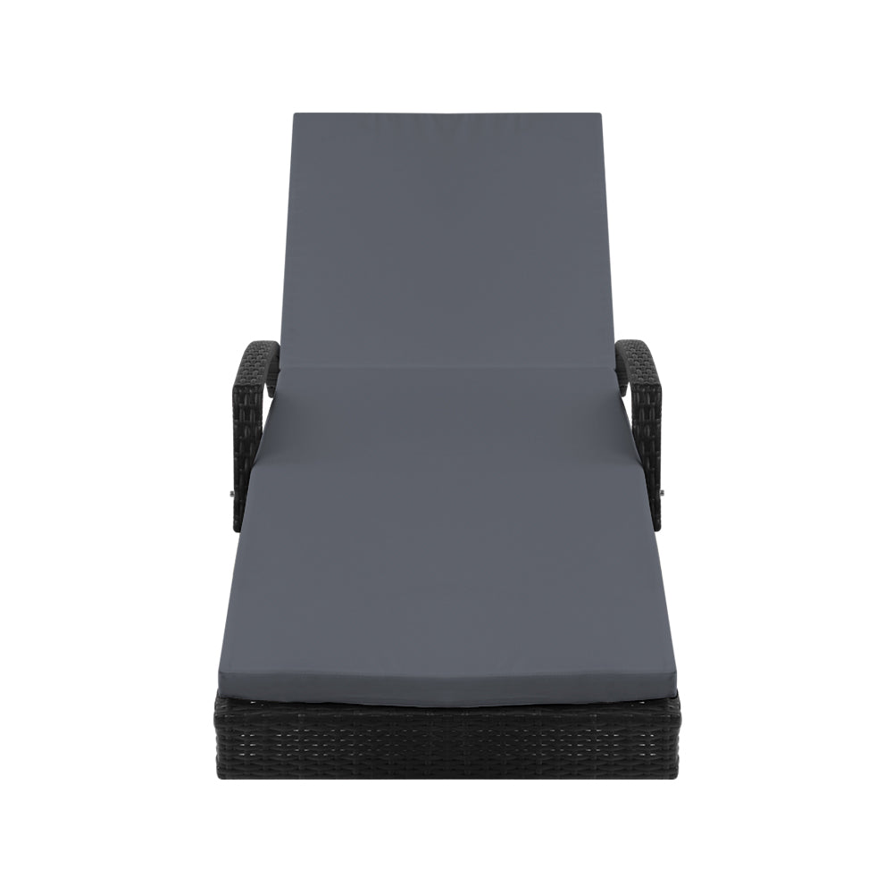 Set of 2 Cushioned Wicker Sun Lounges with Armrests - Black & Grey - Homecoze
