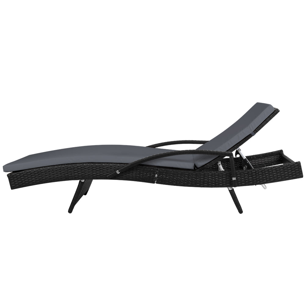 Set of 2 Cushioned Wicker Sun Lounges with Armrests - Black & Grey - Homecoze
