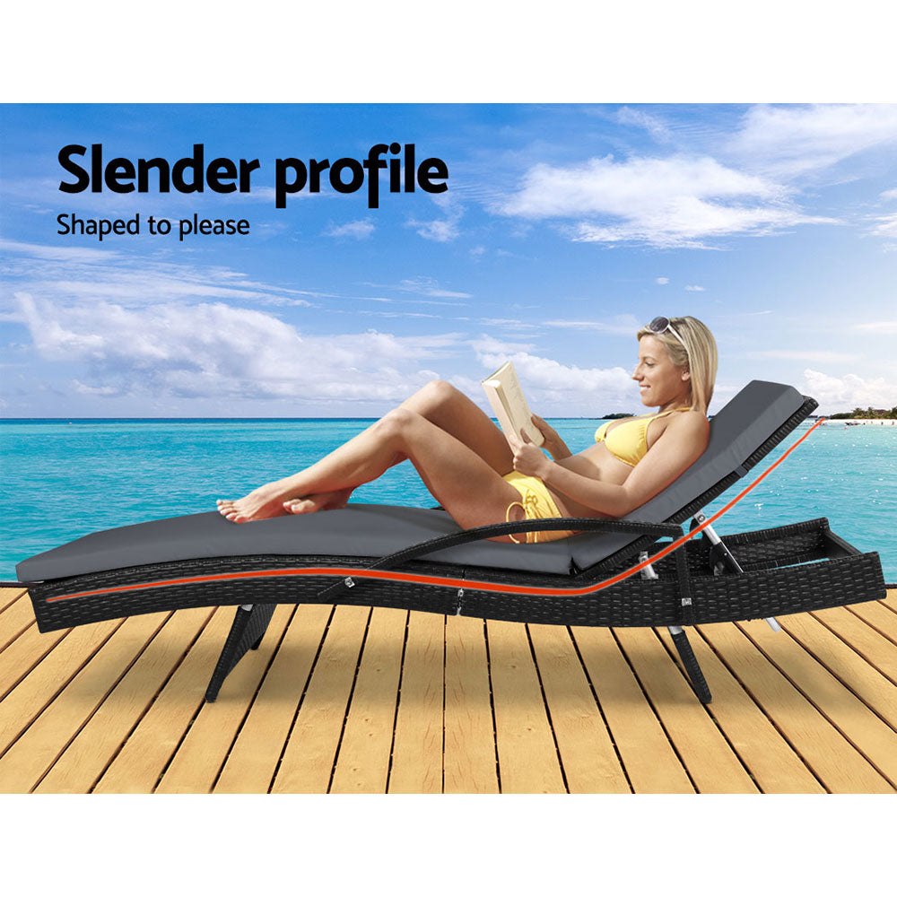 Set of 2 Cushioned Wicker Sun Lounges with Armrests - Black & Grey - Homecoze