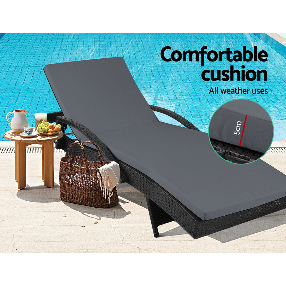 Set of 2 Cushioned Wicker Sun Lounges with Armrests - Black & Grey - Homecoze
