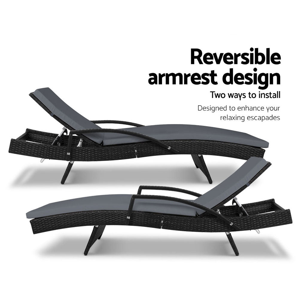 Set of 2 Cushioned Wicker Sun Lounges with Armrests - Black & Grey - Homecoze