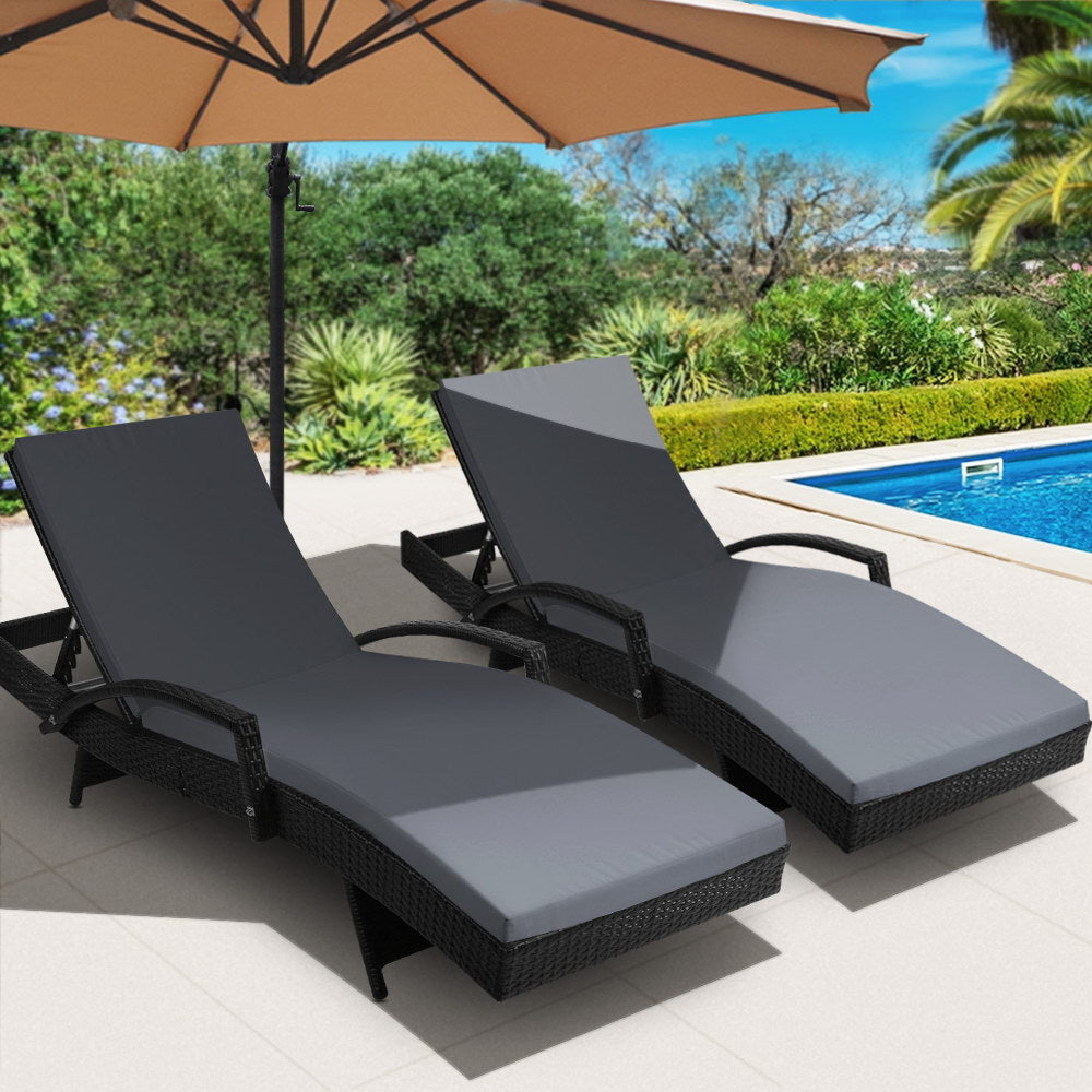 Set of 2 Wicker Sun Lounge with Armrests - Black with Grey Cushion Homecoze