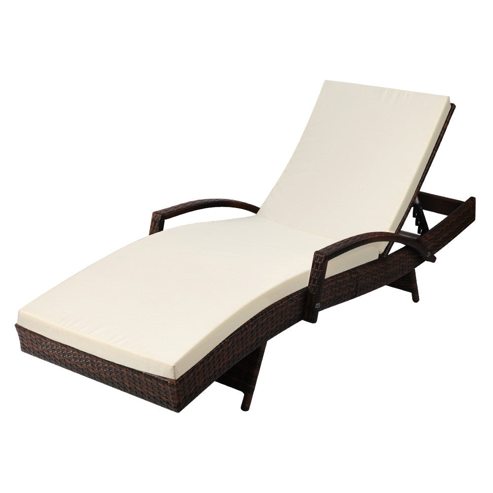 Cushioned Wicker Sun Lounge with Armrests - Dark Brown & Beige - Homecoze