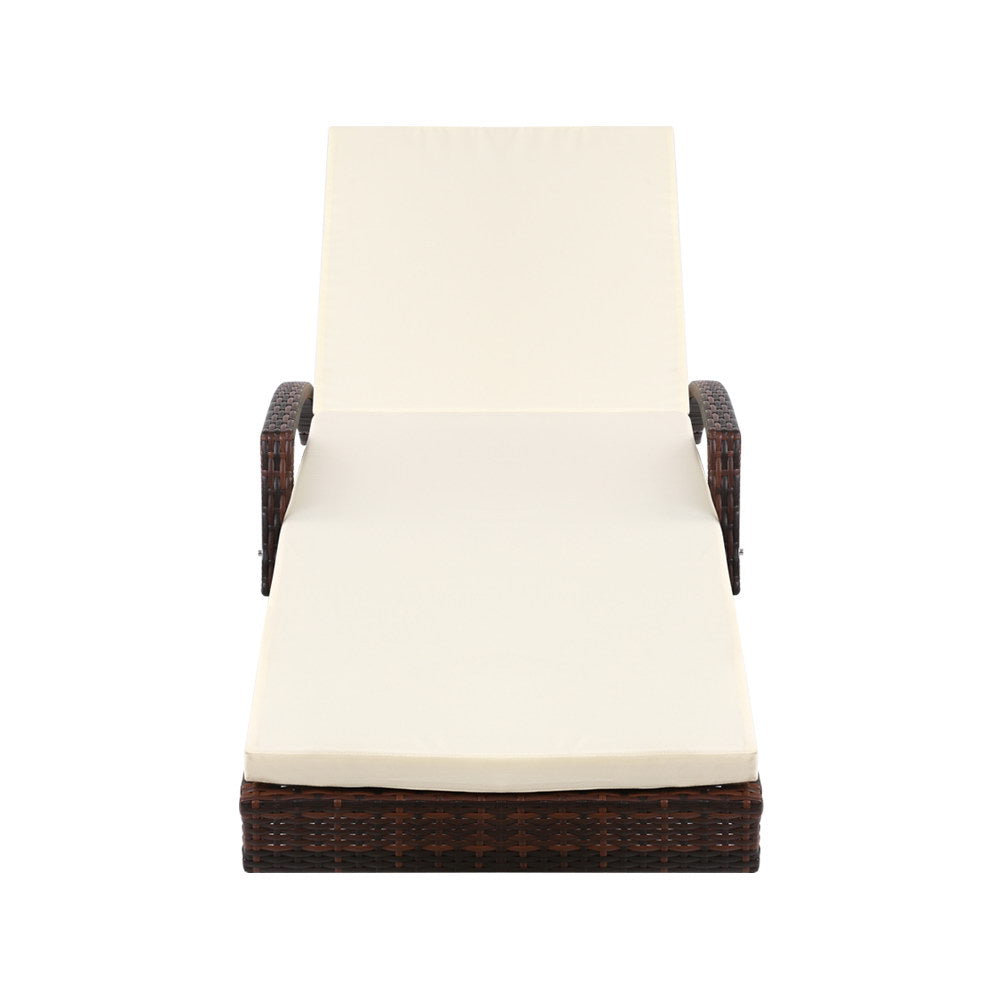 Cushioned Wicker Sun Lounge with Armrests - Dark Brown & Beige - Homecoze