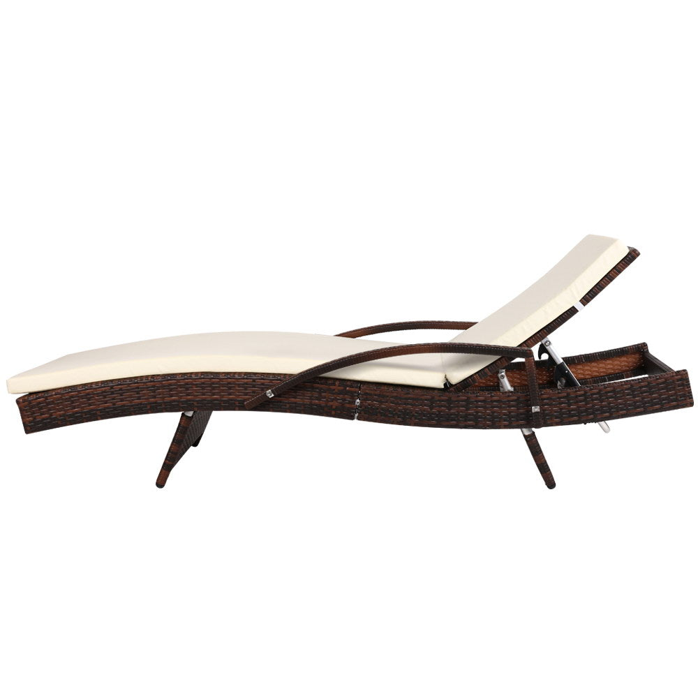 Cushioned Wicker Sun Lounge with Armrests - Dark Brown & Beige - Homecoze