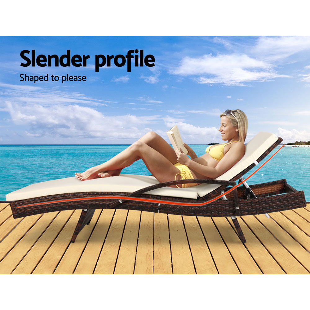 Cushioned Wicker Sun Lounge with Armrests - Dark Brown & Beige - Homecoze
