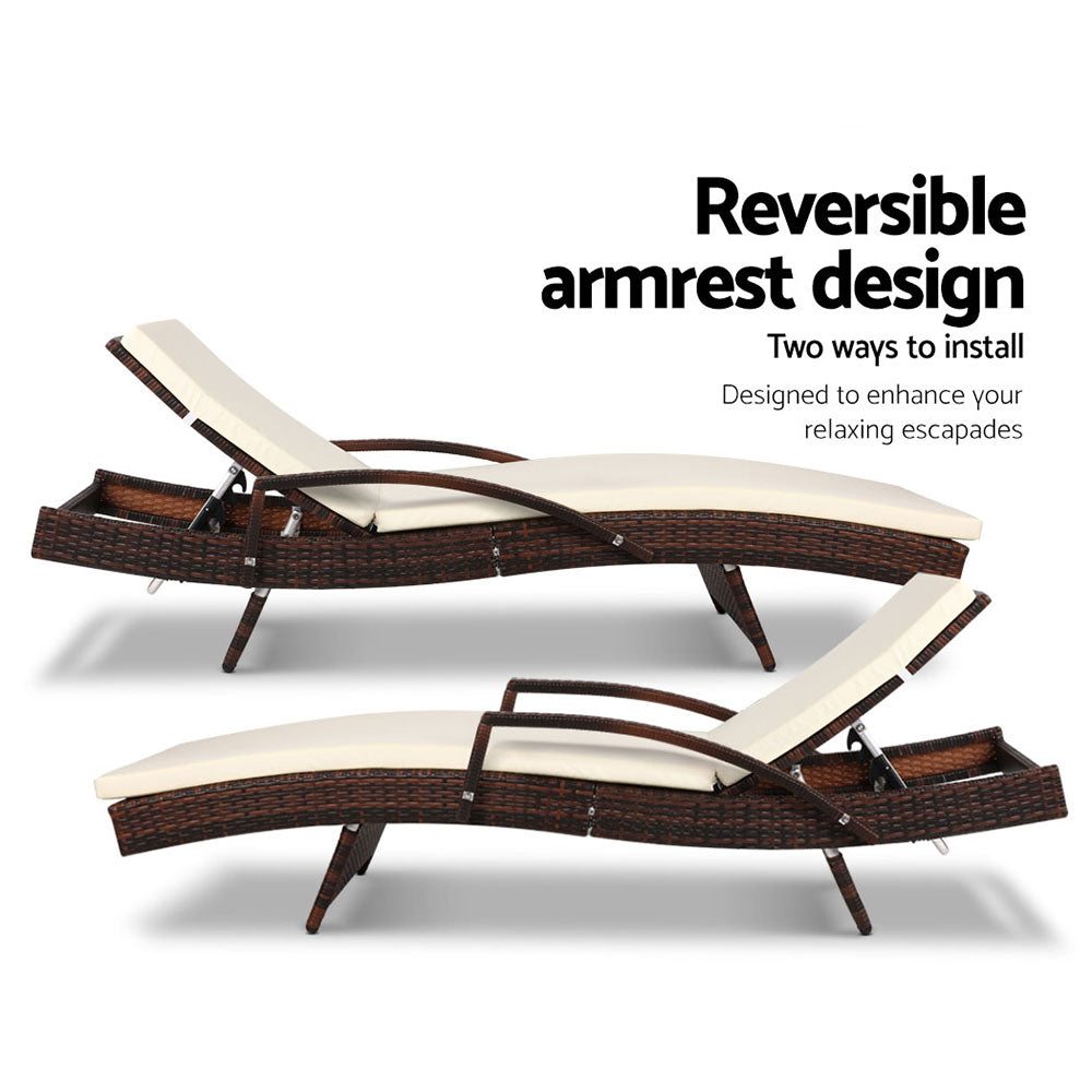 Cushioned Wicker Sun Lounge with Armrests - Dark Brown & Beige - Homecoze