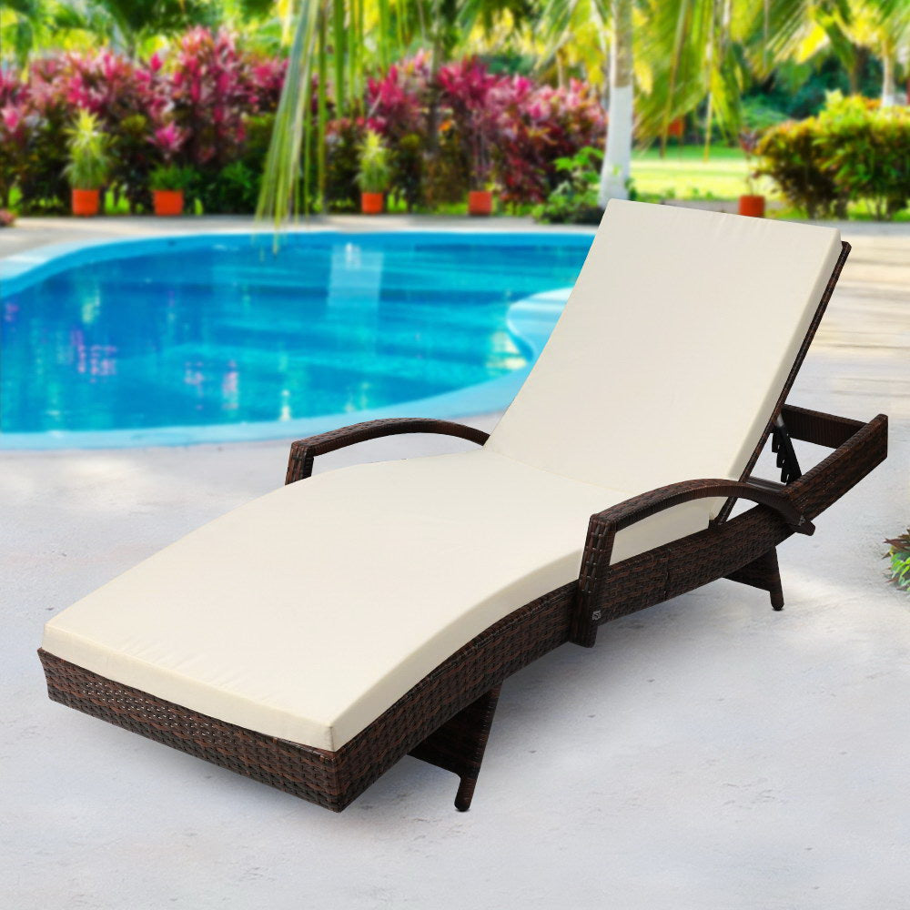Cushioned Wicker Sun Lounge with Armrests - Dark Brown & Beige - Homecoze