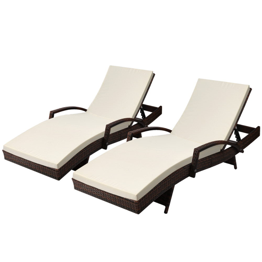 Set of 2 Cushioned Wicker Sun Lounges with Armrests - Dark Brown & Beige - Homecoze