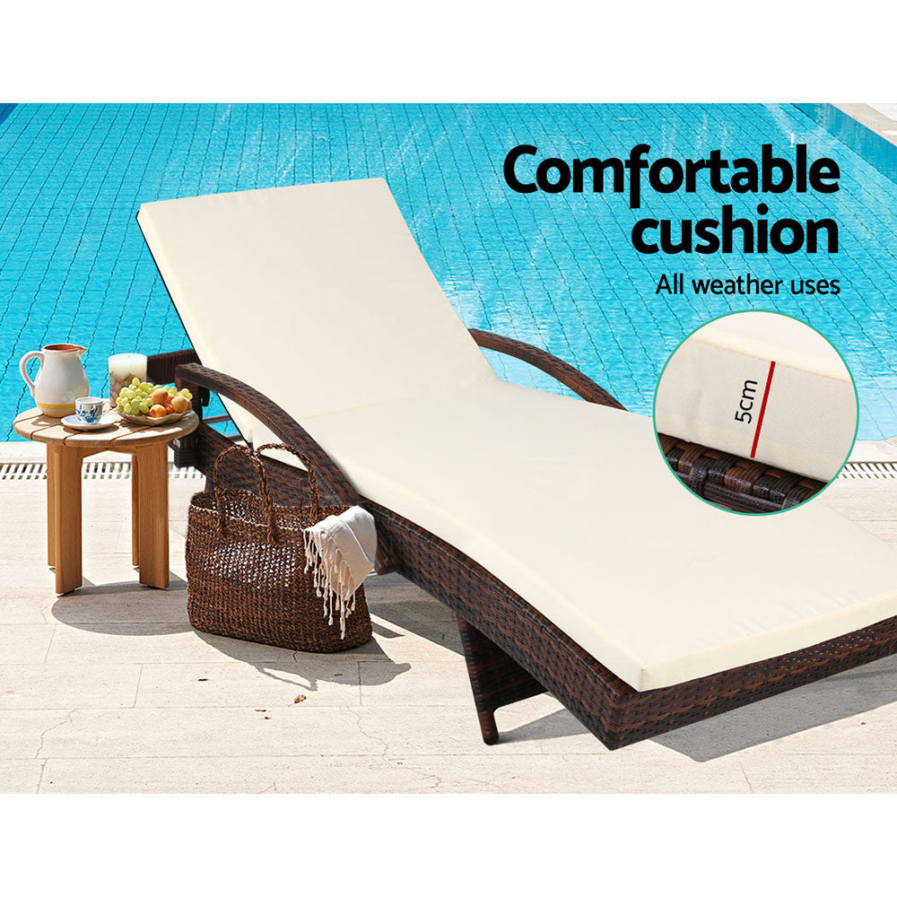 Set of 2 Cushioned Wicker Sun Lounges with Armrests - Dark Brown & Beige - Homecoze