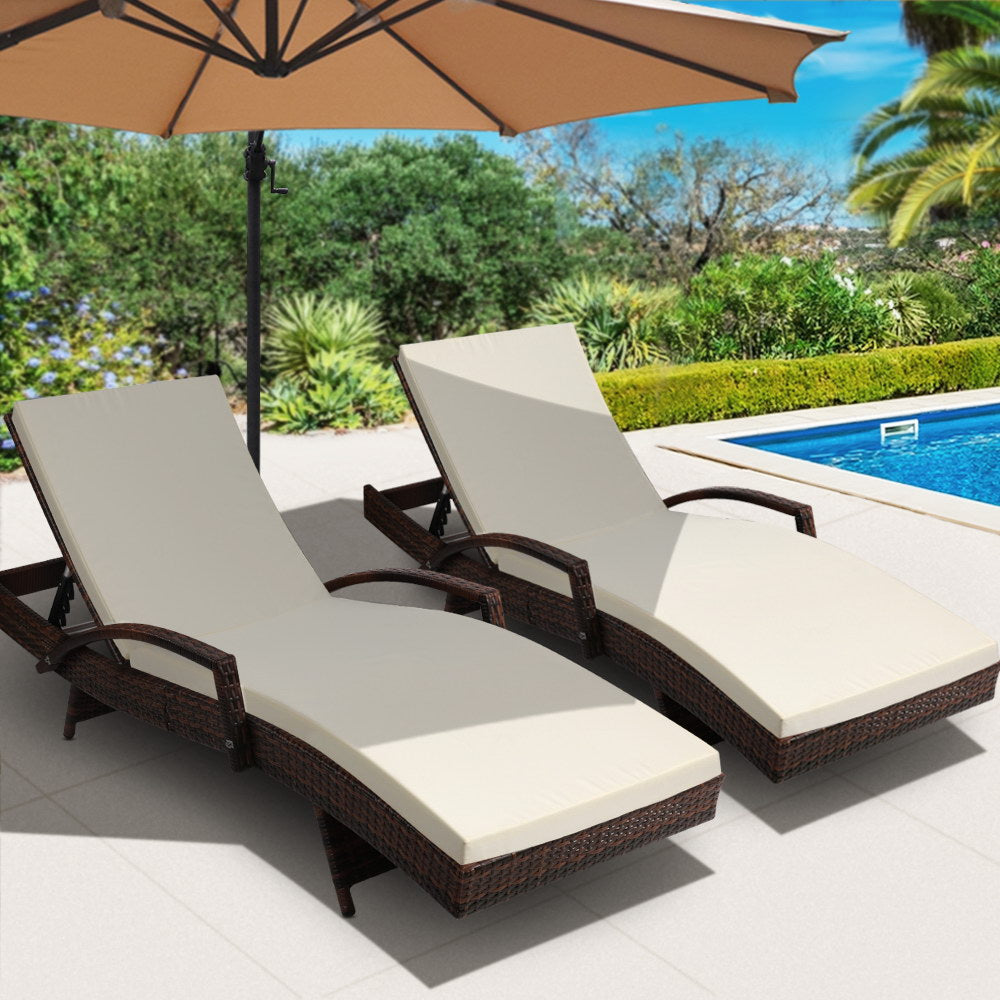 Set of 2 Wicker Sun Lounge with Armrests - Brown with Beige Cushion Homecoze