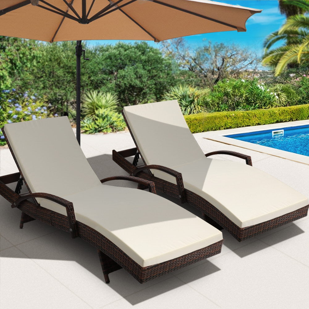 Set of 2 Cushioned Wicker Sun Lounges with Armrests - Dark Brown & Beige - Homecoze
