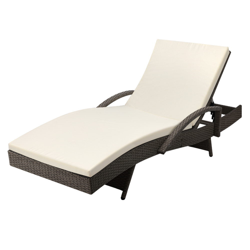 Cushioned Wicker Sun Lounge with Armrests - Brown/Beige - Homecoze