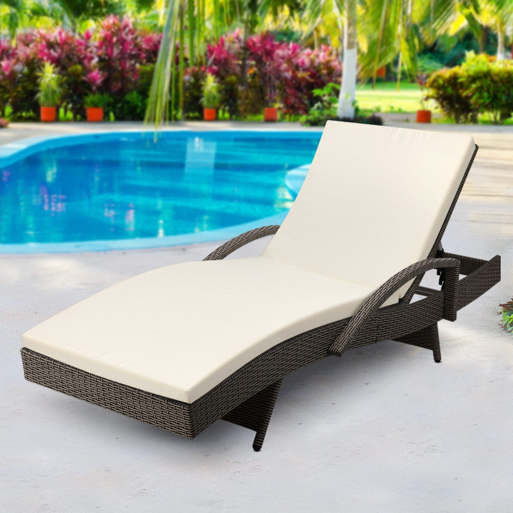 Cushioned Wicker Sun Lounge with Armrests - Brown/Beige - Homecoze