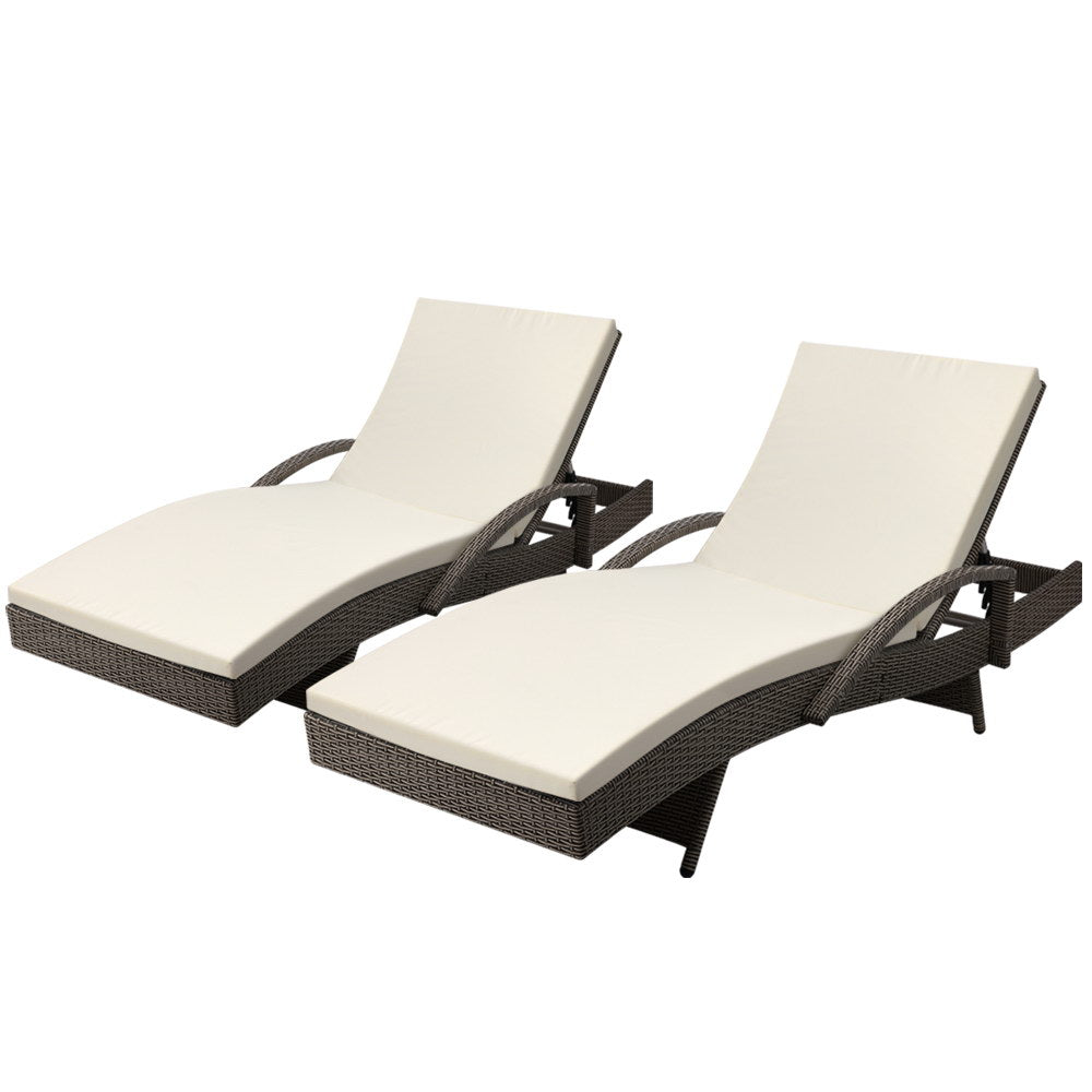 Set of 2 Cushioned Wicker Sun Lounges with Armrests - Brown/Beige - Homecoze