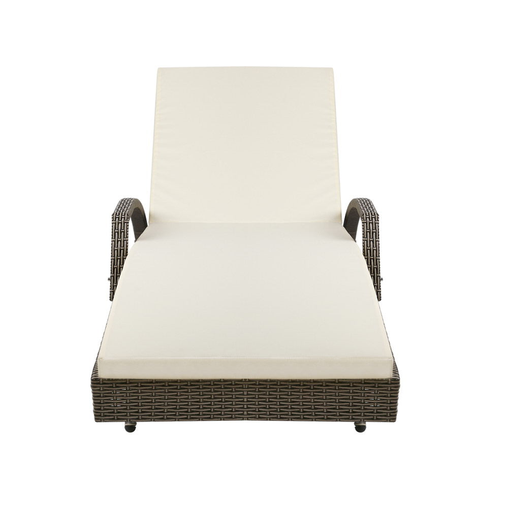 Set of 2 Cushioned Wicker Sun Lounges with Armrests - Brown/Beige - Homecoze