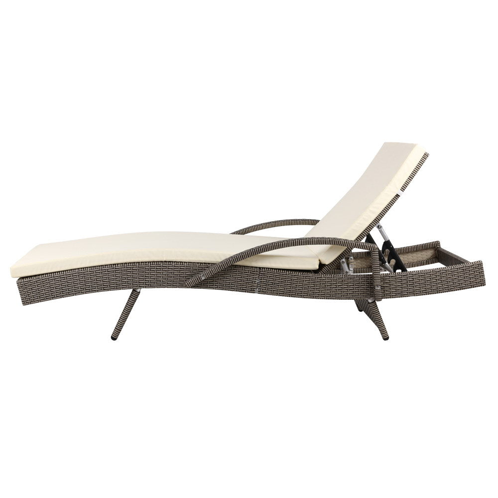 Set of 2 Cushioned Wicker Sun Lounges with Armrests - Brown/Beige - Homecoze