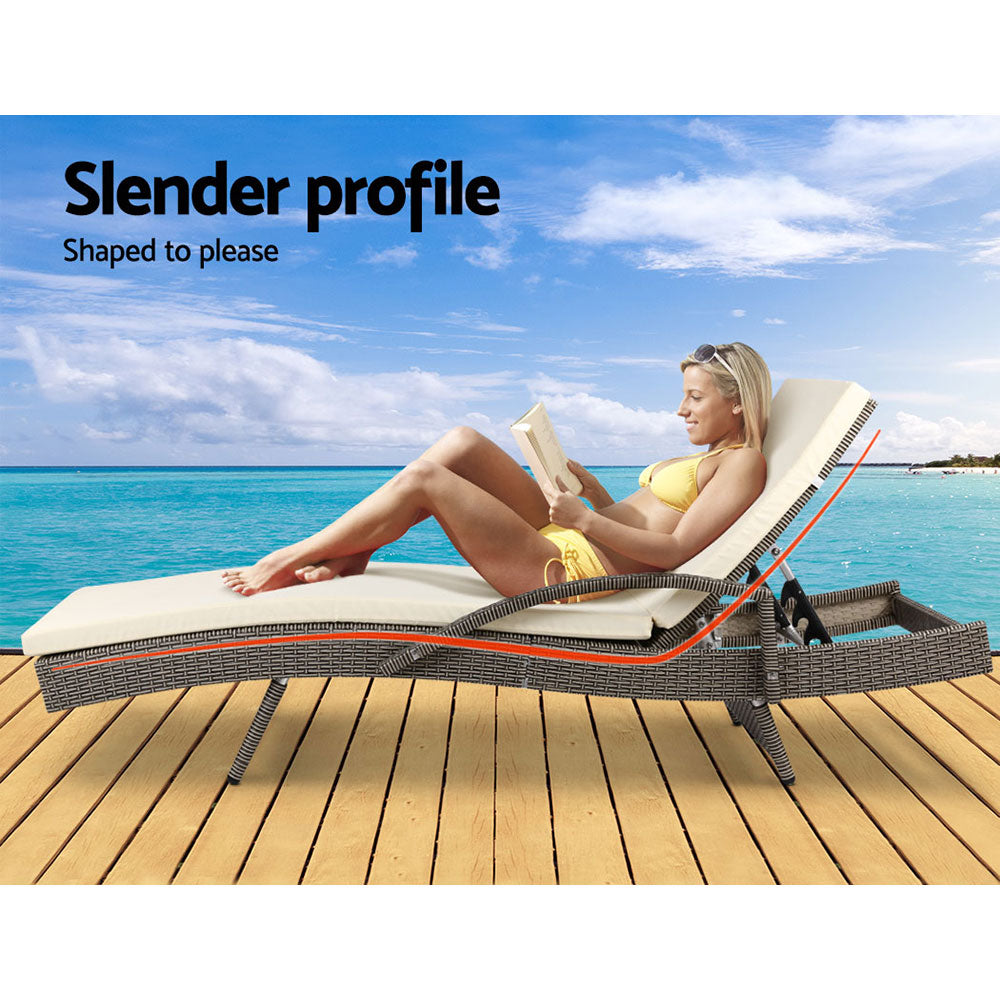Set of 2 Cushioned Wicker Sun Lounges with Armrests - Brown/Beige - Homecoze