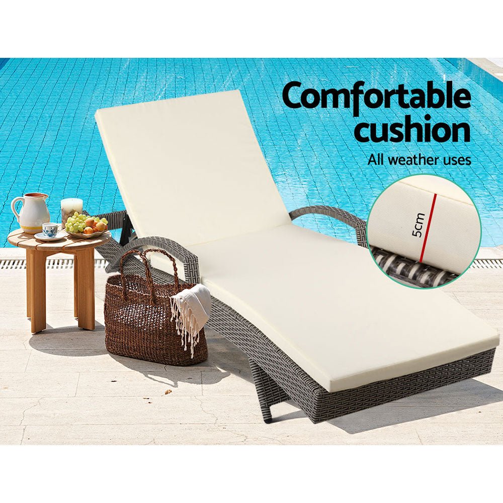 Set of 2 Cushioned Wicker Sun Lounges with Armrests - Brown/Beige - Homecoze