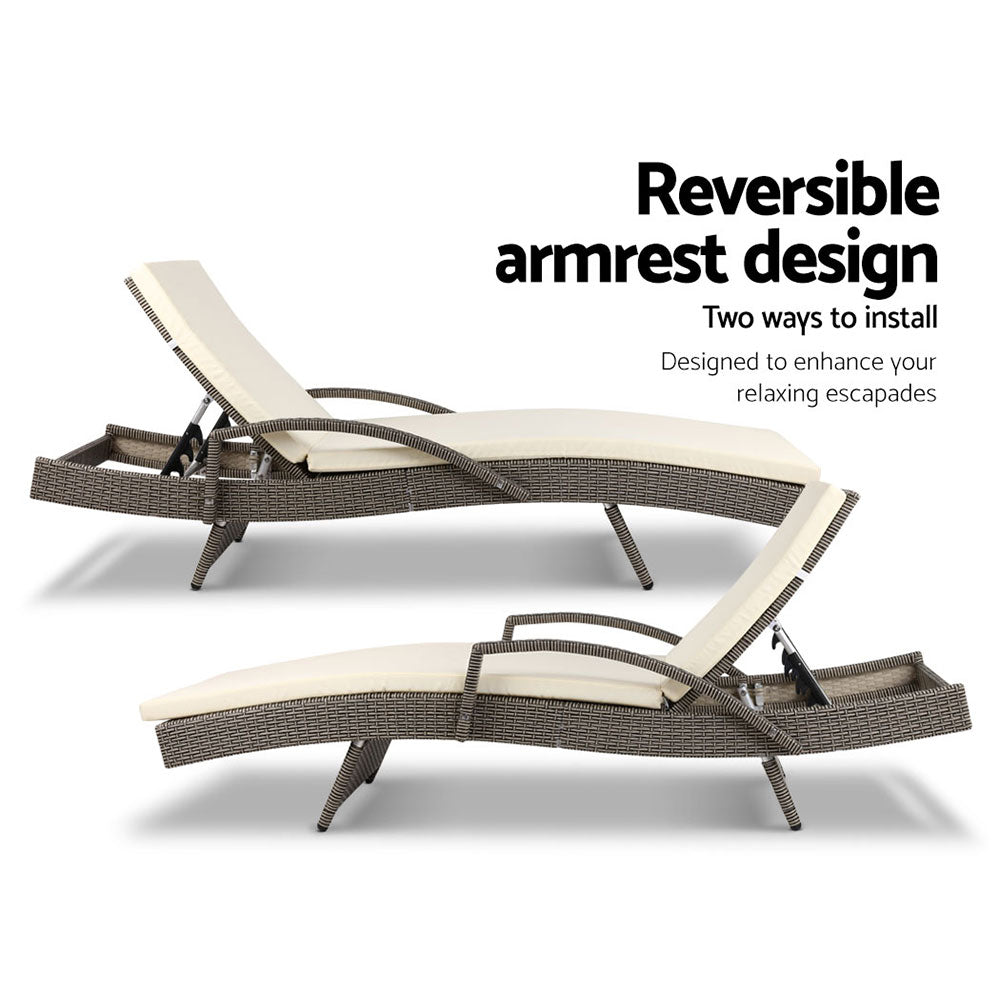 Set of 2 Cushioned Wicker Sun Lounges with Armrests - Brown/Beige - Homecoze